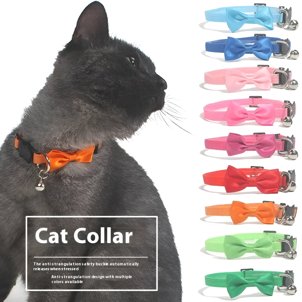 Multi-colour adjustable nylon bow cat collar with bell decoration in cartoon stripe pattern