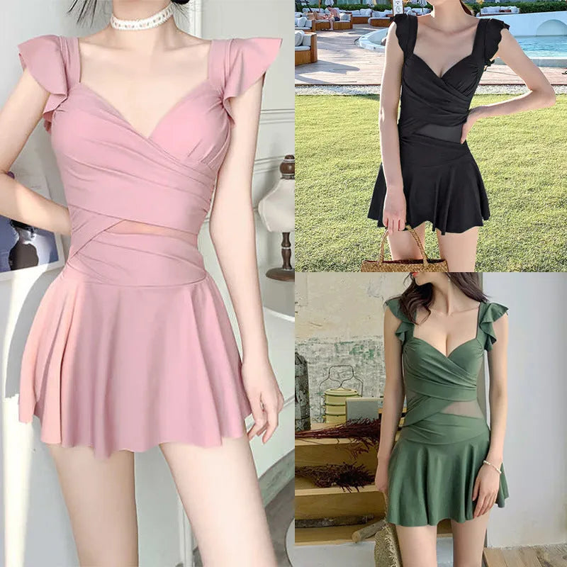Women's solid colour one-piece French swimsuit in milk silk fabric shown in black, green, and pink.