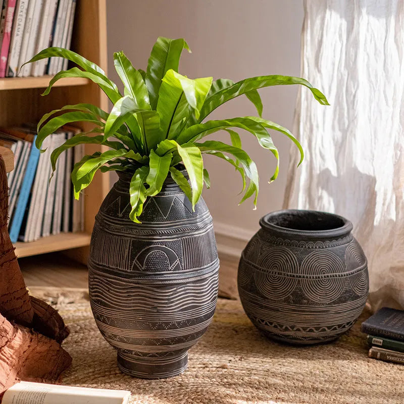 African ancient tank design cement flower pot in medium size with drainage holes