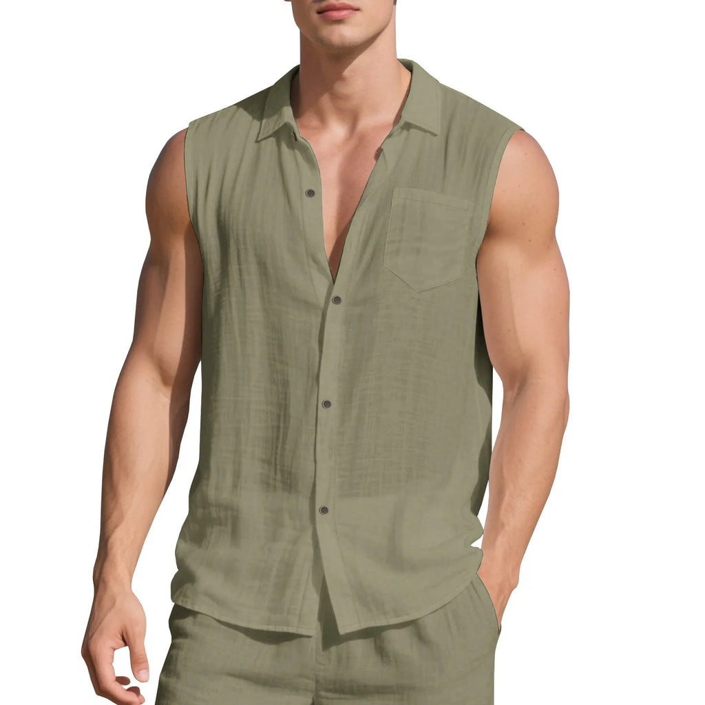 Man wearing sleeveless linen cardigan vest in light blue colour with open front design