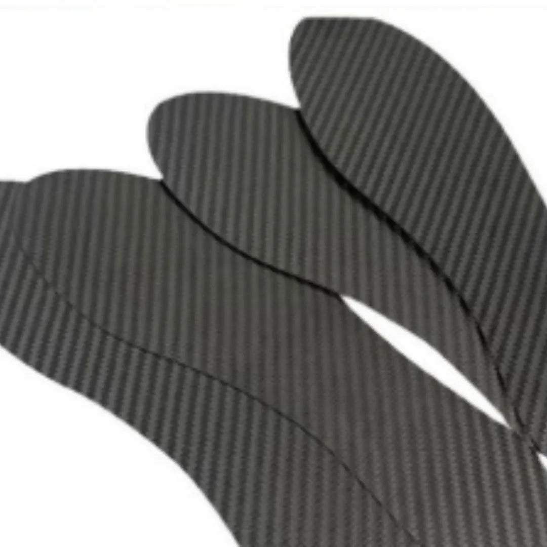 Black 3K carbon fibre running insoles showing full palm design and textured surface for shock absorption