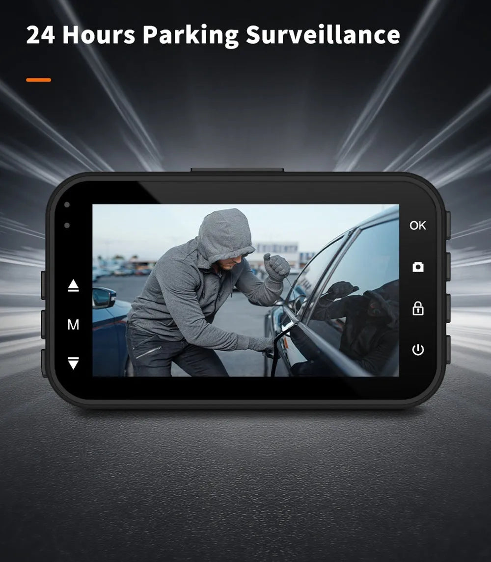 ThiEYE front and rear dash cam with 3-inch screen, suction cup mount, car charger, and waterproof rear camera