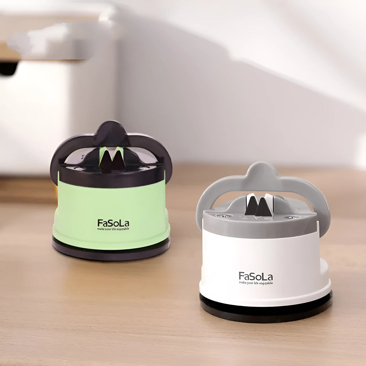 Fixed angle whetstone knife sharpener in mustard green or white with tungsten steel blades and ABS PVC body
