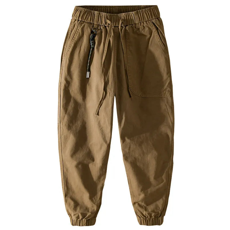 Men's cotton overalls with drawstring waist and ankle banded leg in army green colour.