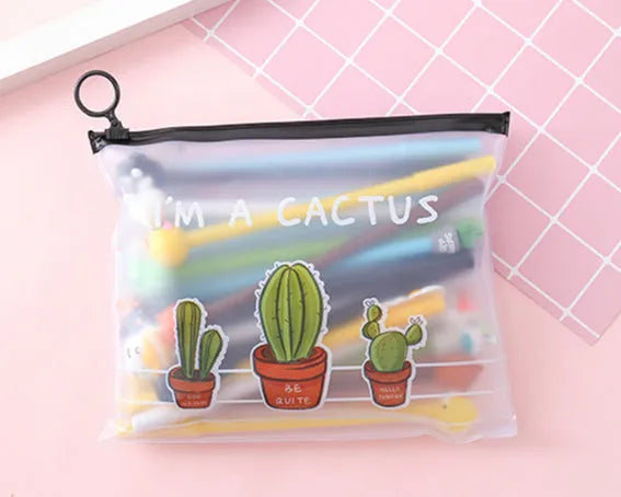 Marvel cartoon pen set showing 20 0.5mm black gel pens in 21x17cm plastic storage case with cactus character designs