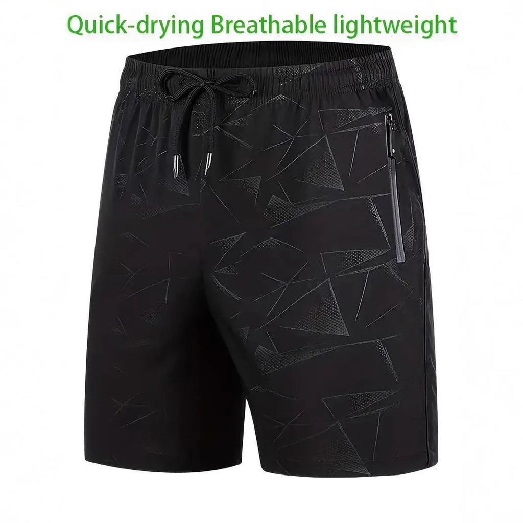 Men's loose sports shorts in black, grey, or blue with printed design, elastic waistband, and fifth pants length.