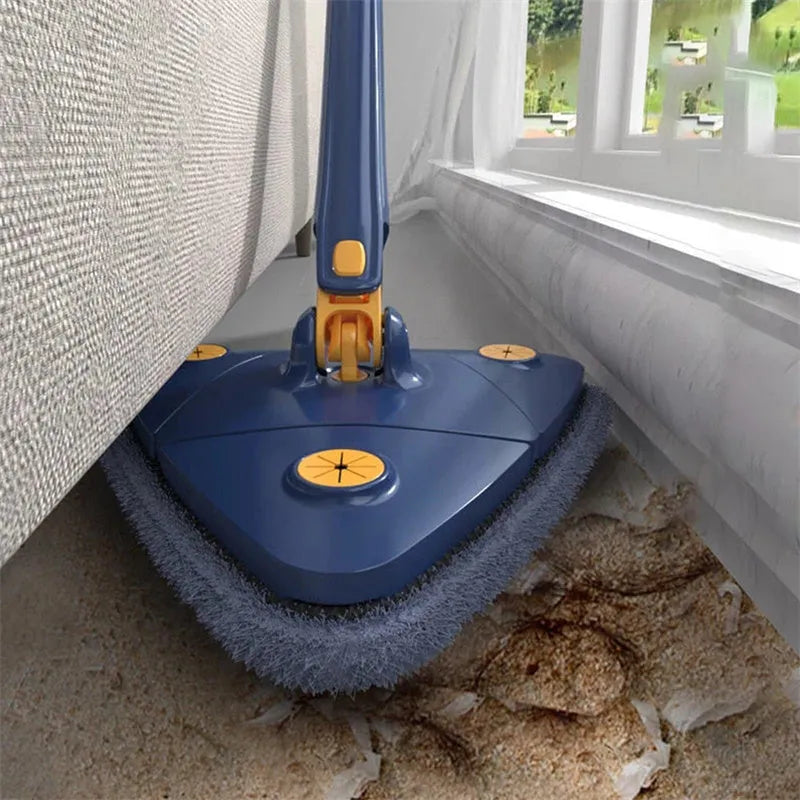 Blue extendable triangle mop with rotating head and stainless steel pole for floor and wall cleaning