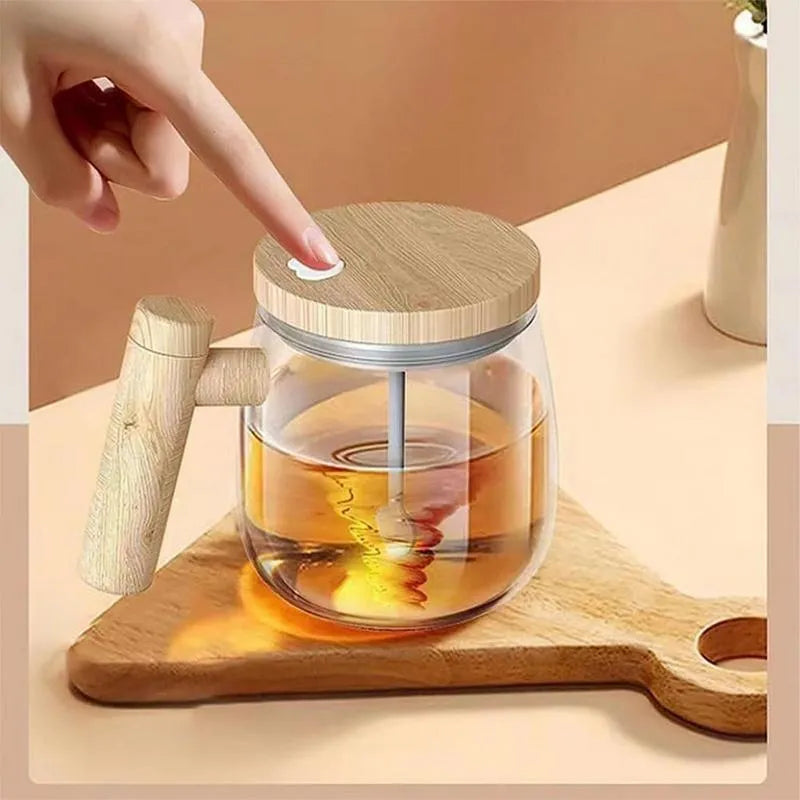 400ml clear borosilicate glass electric self-stirring coffee mug with mixing button.