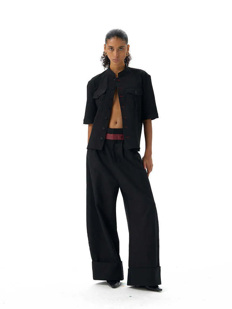 Handmade red eye hunting suit half sleeve shirt in black, loose fit with shirt collar and single-breasted placket