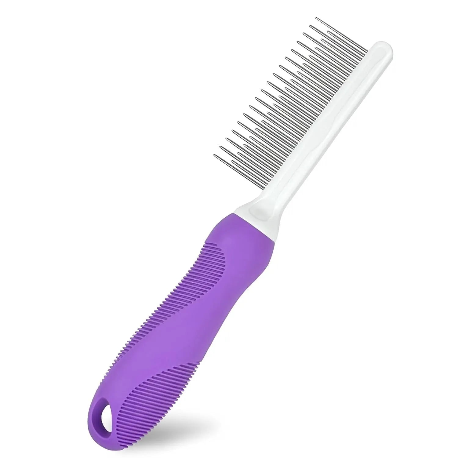 Purple detangling pet comb with stainless steel teeth for grooming dogs and cats, showing ergonomic handle