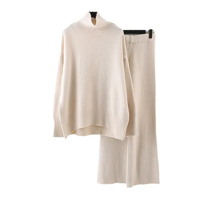 Women's acrylic fibre two-piece set with sweater and wide-leg trousers in solid colour for office commuting