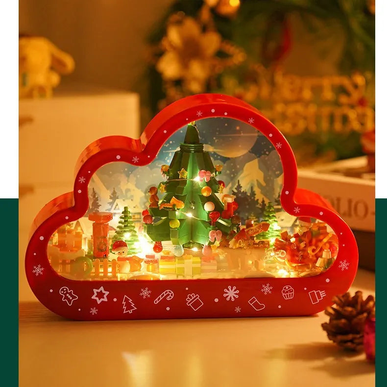 Assembled Christmas tree building block toy with LED cloud night light and decorative PVC mirror frame