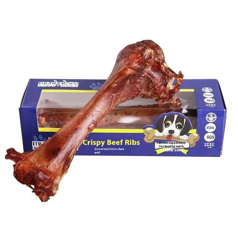 Beef marrow bone dog chew stick snack in small green, medium blue, and large yellow size options