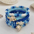 Six handmade polymer clay bracelets with geometric shapes and shell decorations in bohemian blue S3162 colour