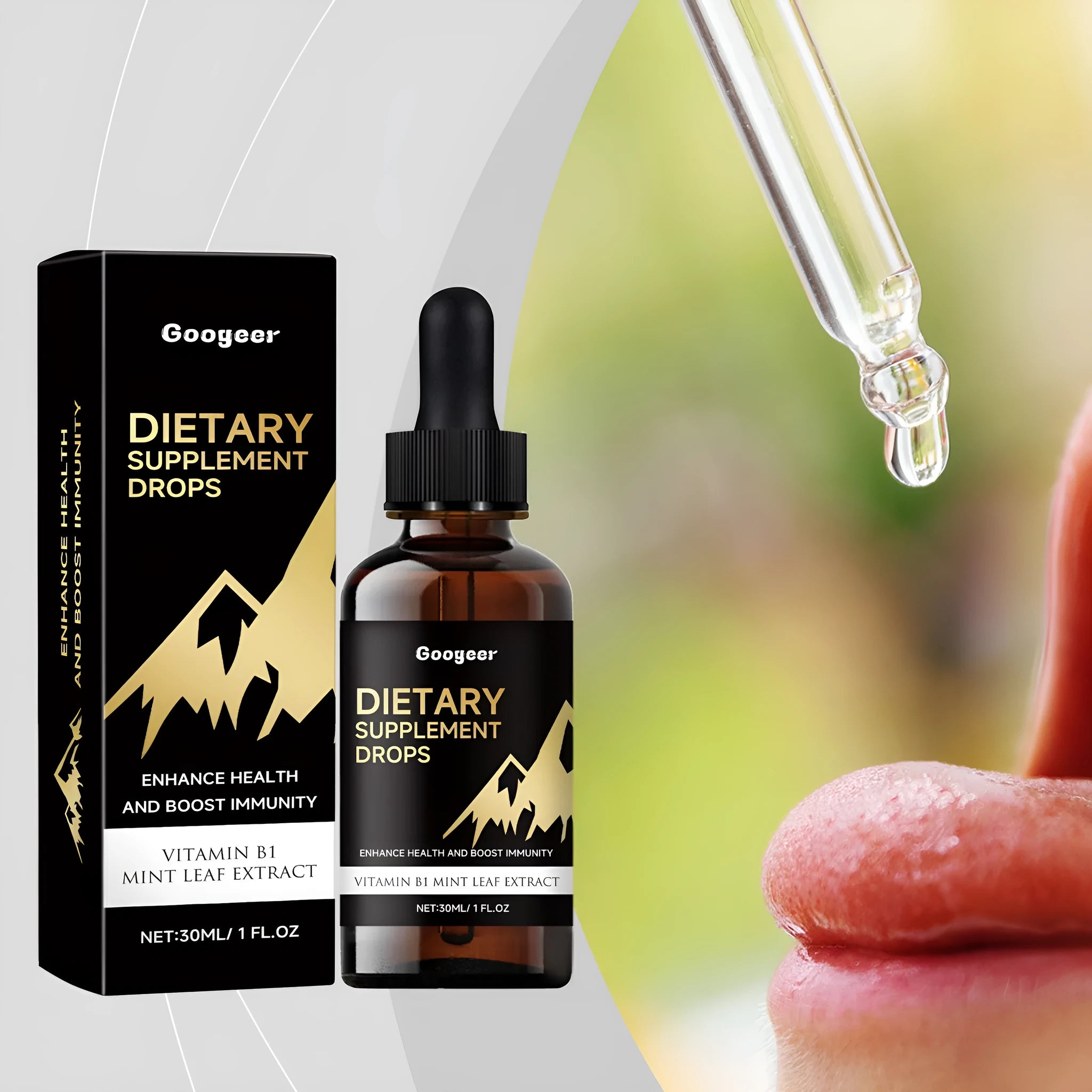 Bottle of dietary supplement liquid drops with a separate measured dropper for dosage.