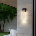 Black stainless steel outdoor LED wall lamp showing two size options for courtyard and corridor mounting