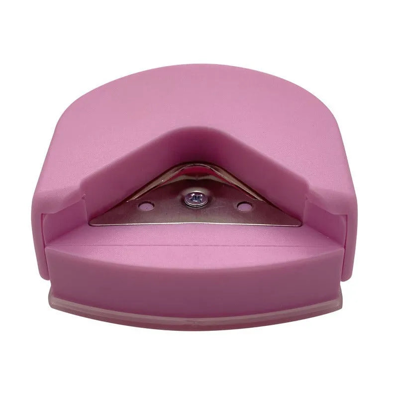 Business card corner cutter tool in black, blue, or pink with plastic and metal construction