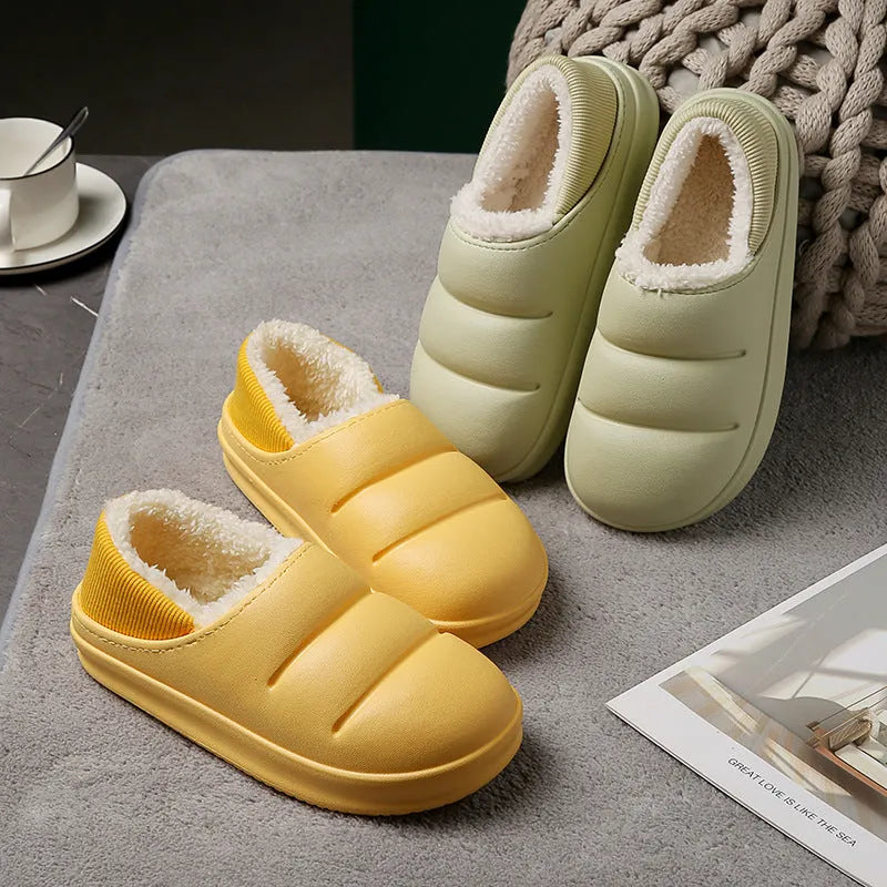 EVA couple cotton slippers in green with non-slip soles and plush lining, heel height 1.5-3.5cm