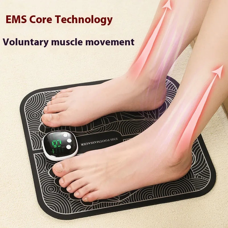 Reflexology foot massager mat with USB charging, showing blue foot pad and push-button controls for 8 modes and 19 intensity levels