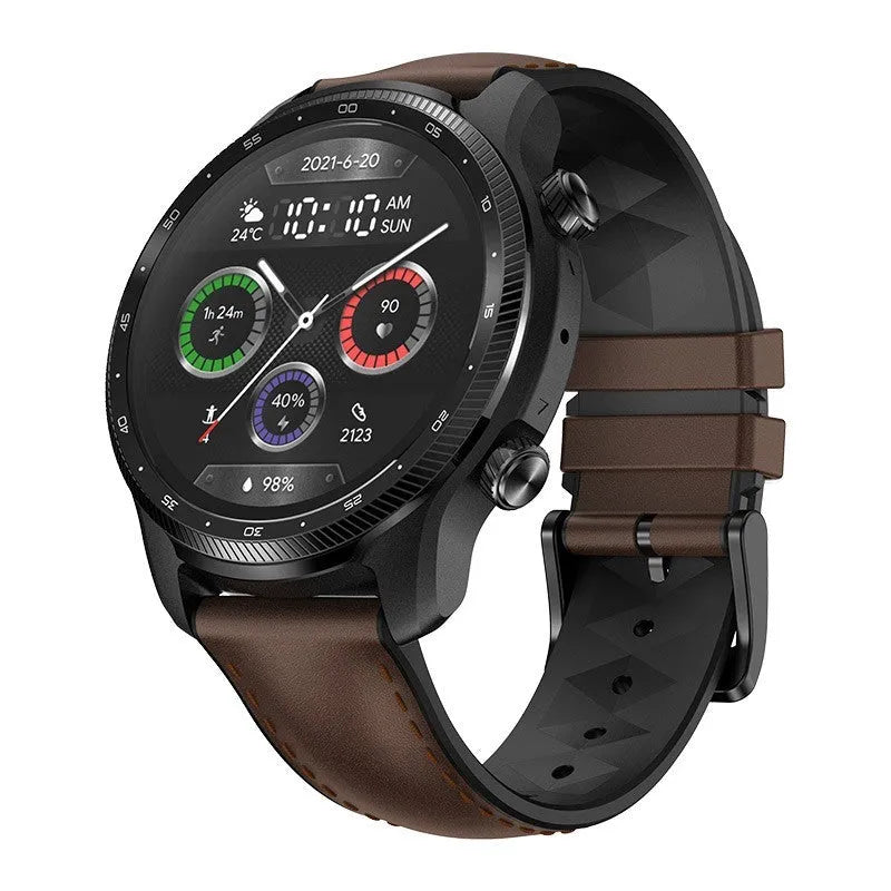 Ticwatch Pro X smart watch with 47mm diameter, dual-layer display, and black strap showing on a wrist