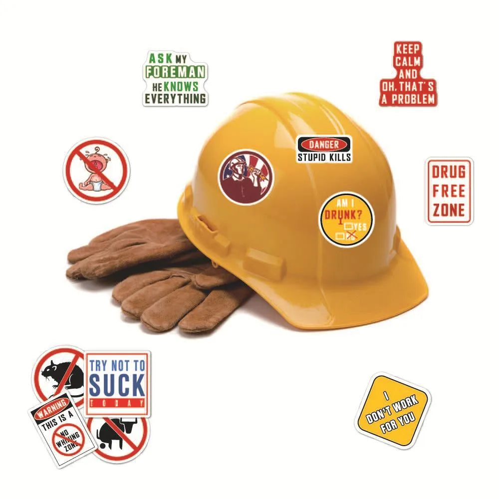 Pack of 50 personalised waterproof warning stickers with PVC adhesive and bright film coating for helmets and luggage.