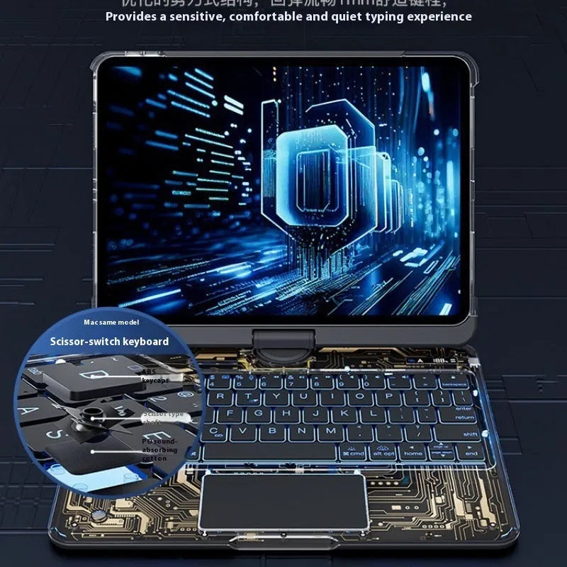 Transparent rotating keyboard case shown with an iPad in a standing position.