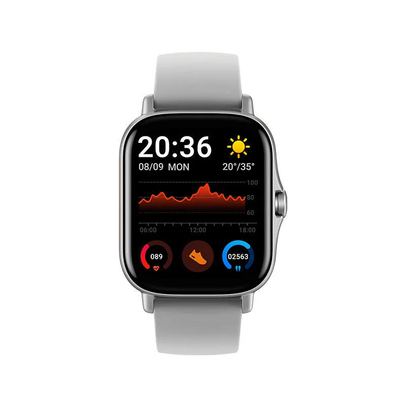 GT20 smartwatch with 1.75-inch touch screen on silicone band, showing heart rate and step tracking display