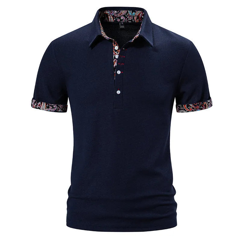 Men's European size polo shirt with colour stitching on turnover neck, short sleeves, available in white, black, and navy blue colours