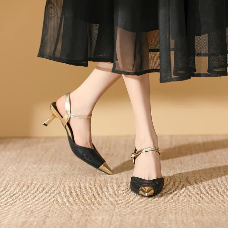Women's leather high-heeled sandals with pointed toe and 6CM heel in four colour options