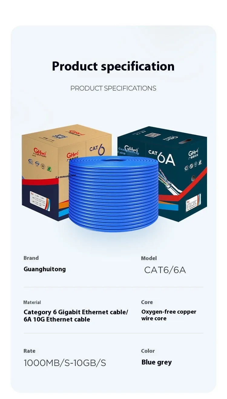 305-metre roll of blue Cat6a network cable with oxygen-free copper conductors for 10-gigabit ethernet