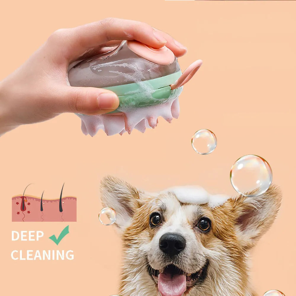Blue pet grooming brush with shampoo dispenser and silicone bristles for dogs and cats