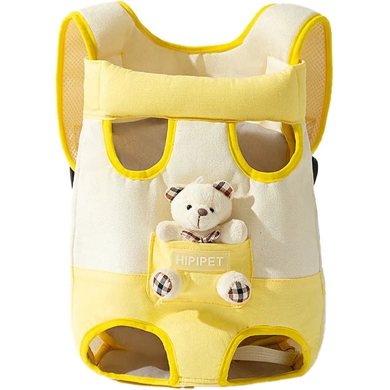Cartoon cute chest bag portable pet carrier with animal pattern and colourful stitching on soft canvas material