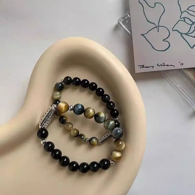 Tigereye obsidian six words mantra couple bracelet in S925 sterling silver with geometric round design