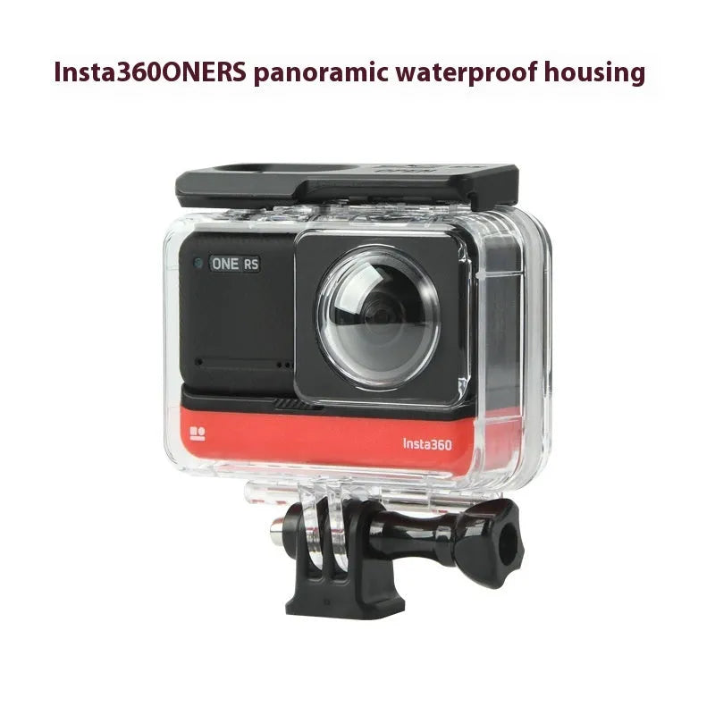 Transparent Insta360 One RS waterproof case measuring 9x8x4.5cm with dual lens protective cover