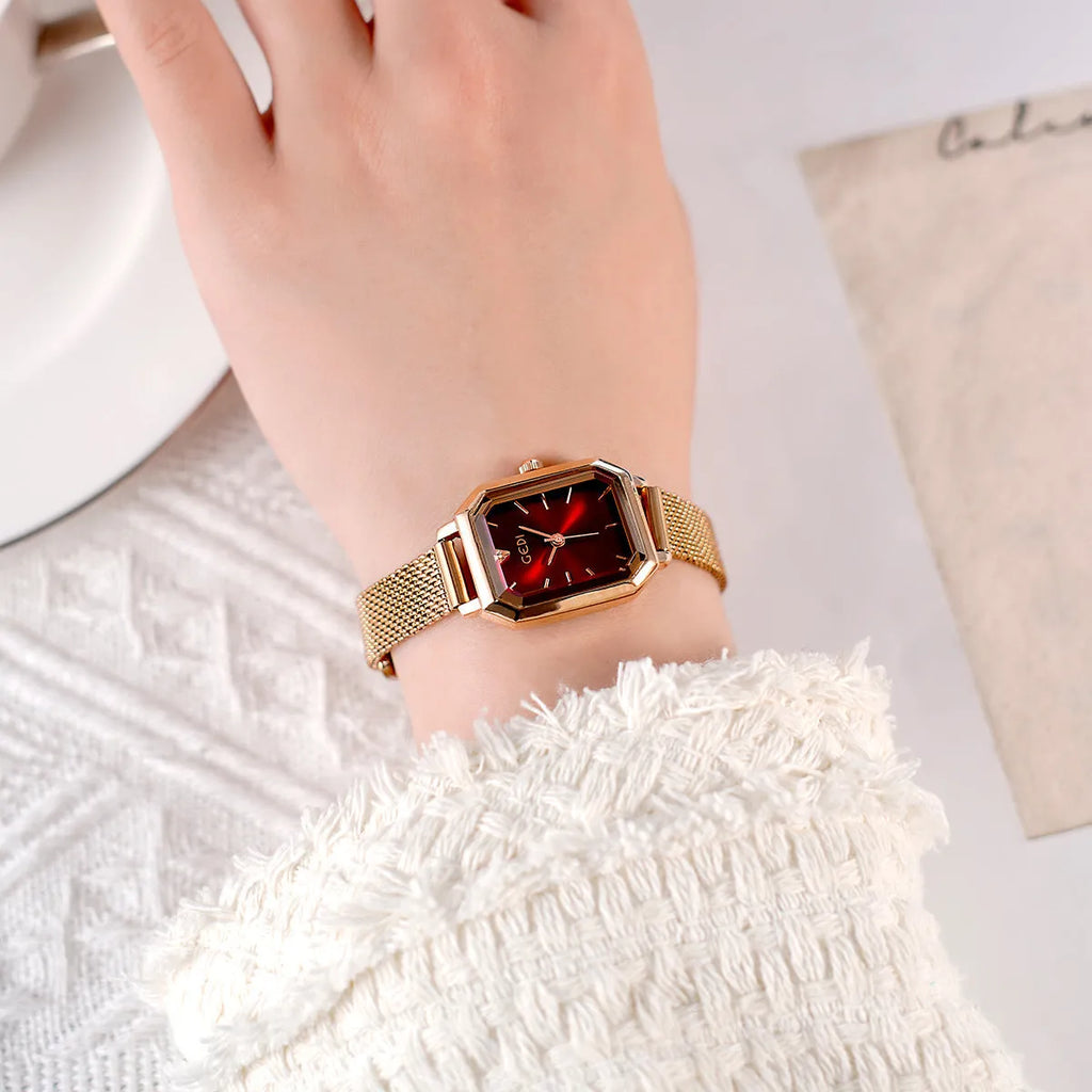 Women's square retro watch with rose shell case and slim 8mm thickness on wrist