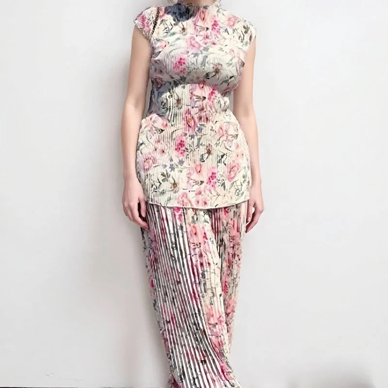Long sleeve printed chiffon dress high waist set with skirt and top in sizes S to 3XL