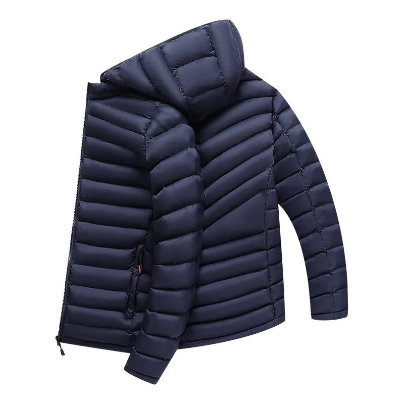 Men's lightweight down cotton-padded hooded jacket with detachable collar in black, army green or blue
