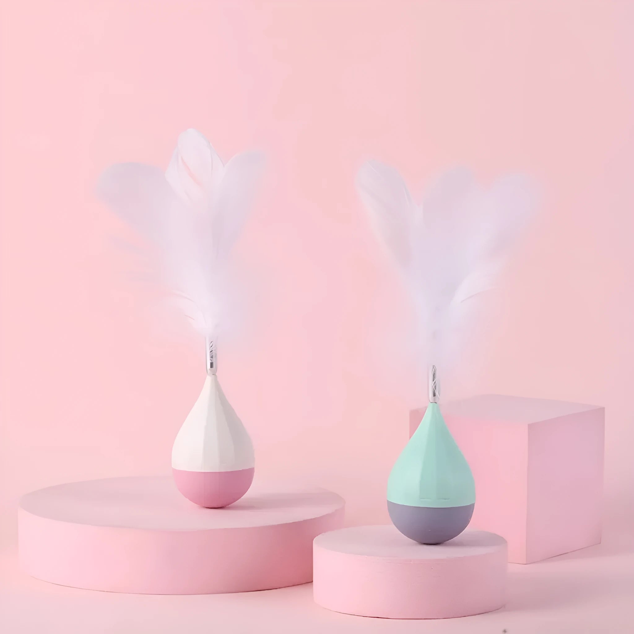 Green and pink feather cat tease stick toy with aluminium alloy and ABS plastic wand