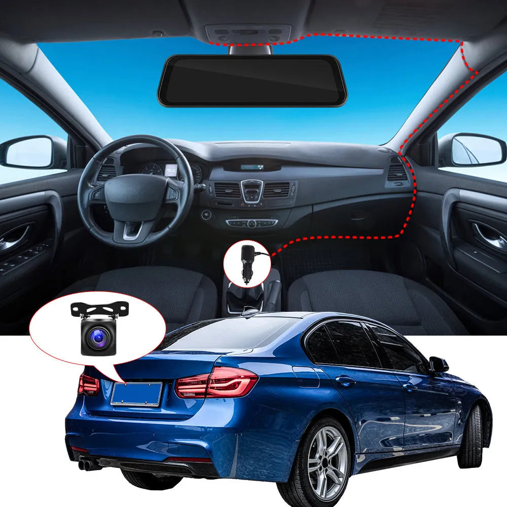 9.66-inch touchscreen car dash cam with CarPlay and Android Auto mounted as a rear-view mirror.
