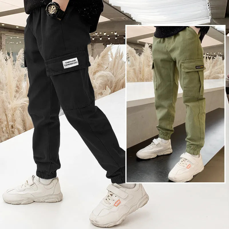 Boys' casual cotton summer trousers in khaki, available in sizes from 110cm to 170cm.