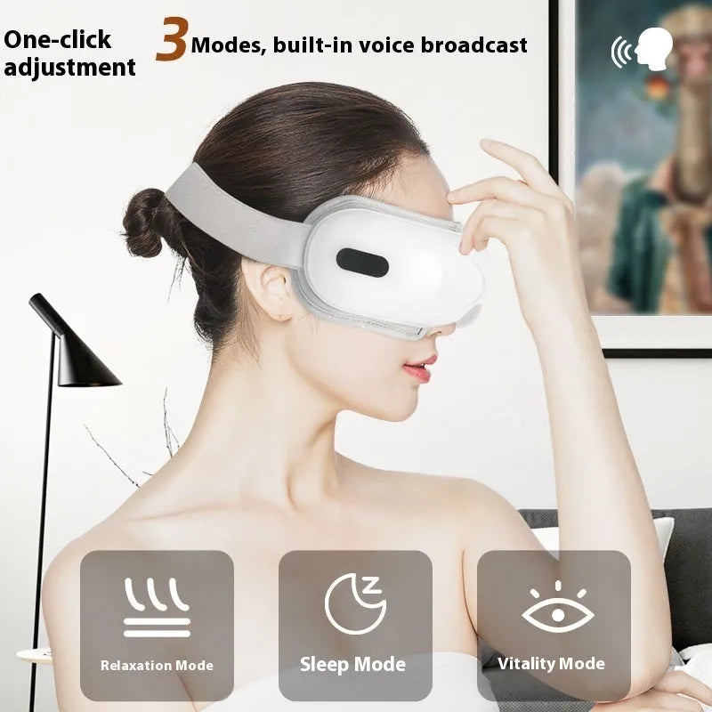 White rechargeable eye massager with hot compress and airbag massage, dimensions 140x52x150mm