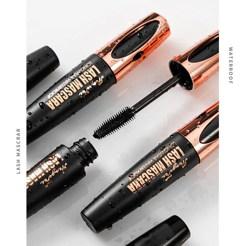 Black waterproof mascara tube for thick, curled lashes with opp bag packaging.