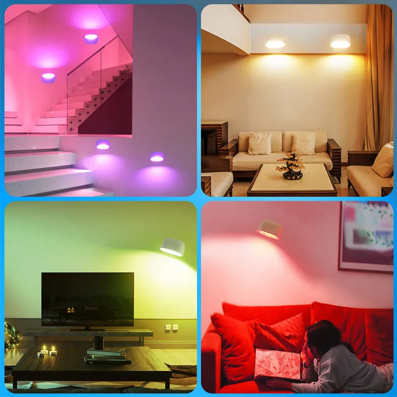Remote touch magnetic wall lamp with oval white or black design, showing 360-degree rotation and control options.