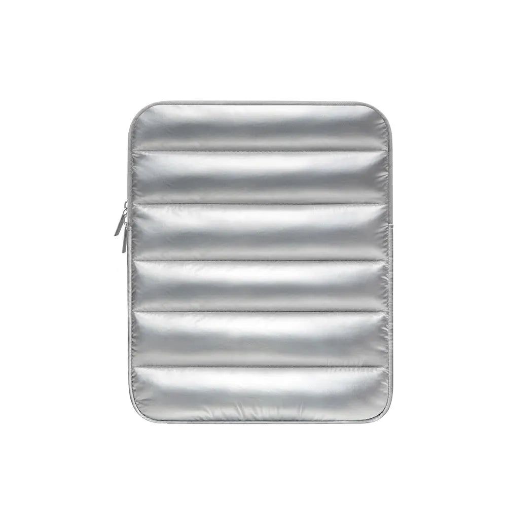 Puff Bag Fluffy Air Feeling Laptop Sleeve in black showing elastic sides and waterproof polyester lining