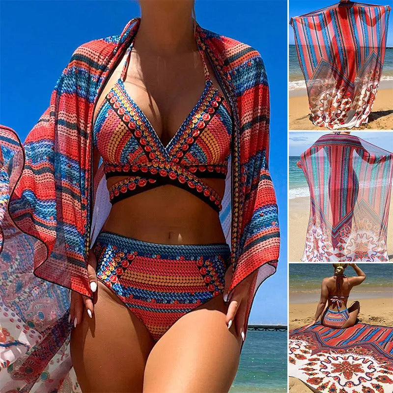 Women's three-piece swimsuit set with cutout blouse, high-waist pants, and coordinating coat in polyester fabric