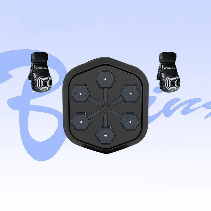 Black smart boxing machine with Bluetooth connectivity, EVA construction, and included gloves on stable surface
