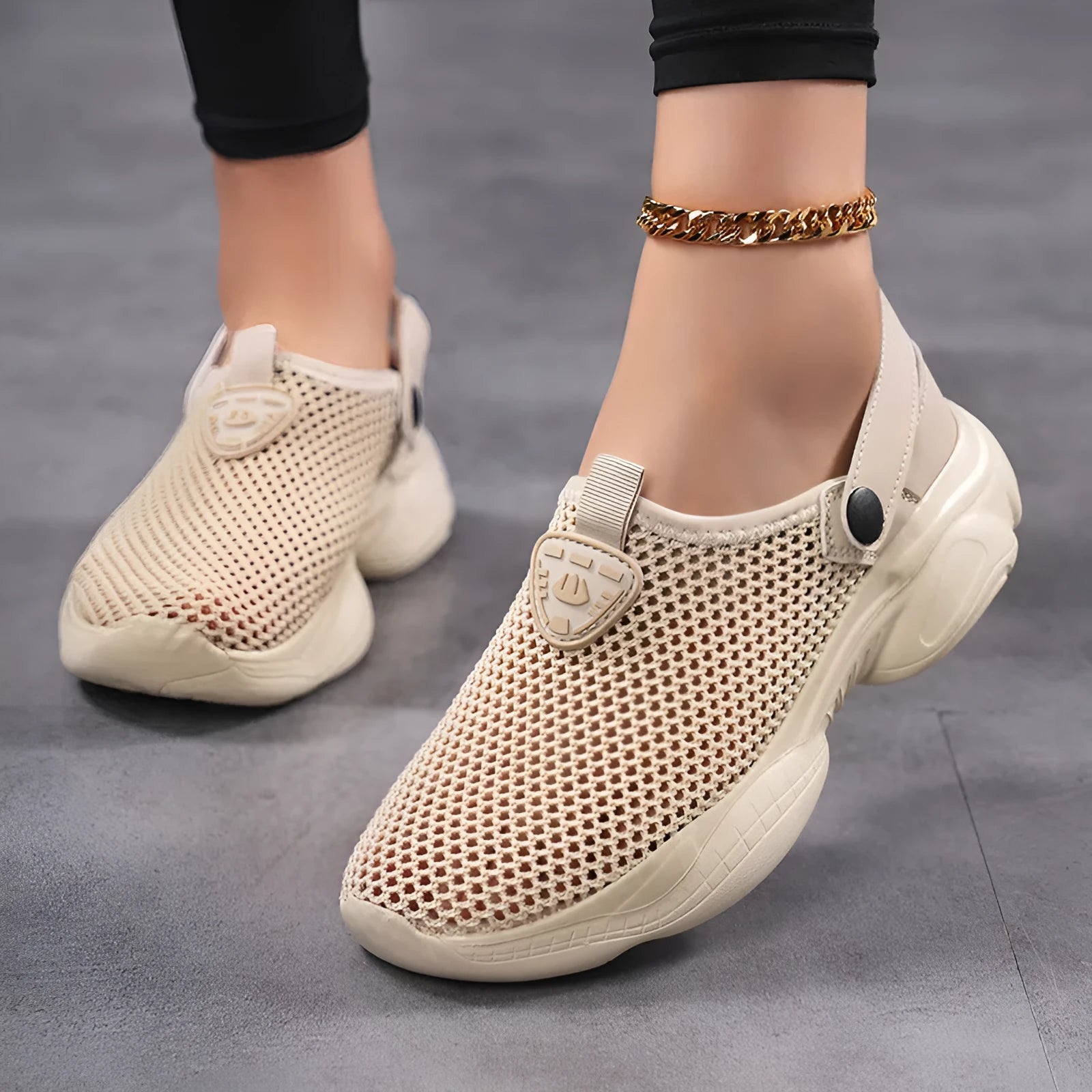 Women's Flyknit casual sports sandal in beige colour showing round toe holder design.