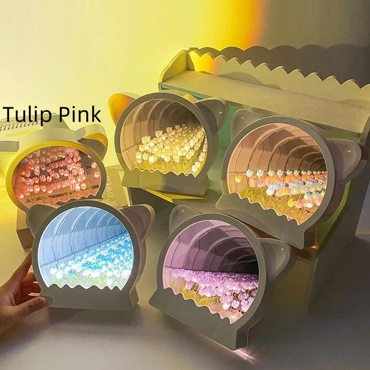 DIY cat head night lamp with colourful handmade tulip flowers, shown in pink, blue, purple, and yellow variants.
