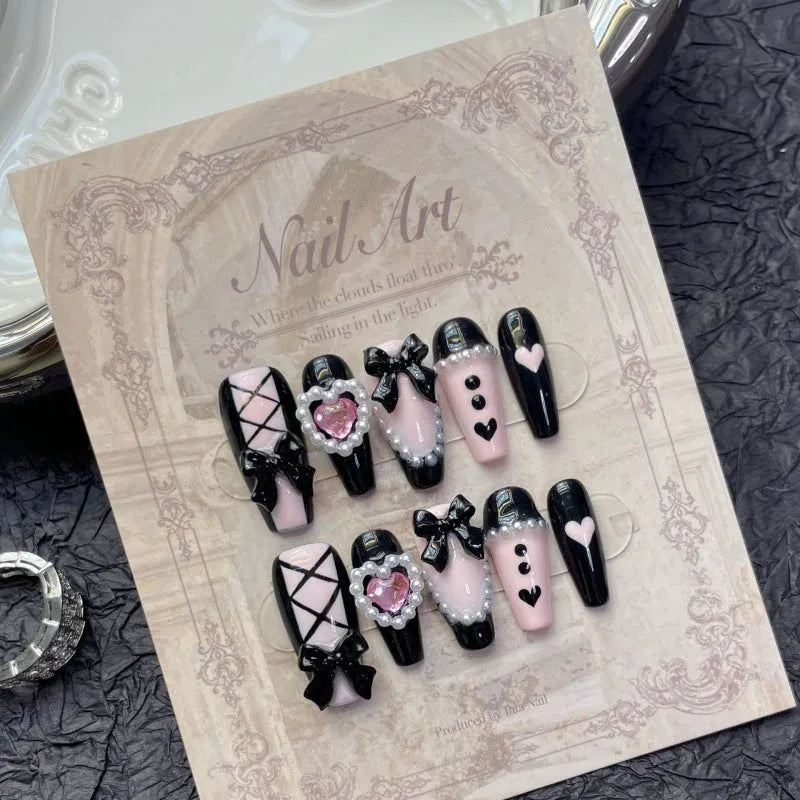 Black pink heart hand-painted detachable manicure with bow and XINGX patterns in four sizes
