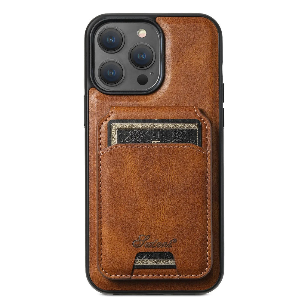 Oil wax silicone MagSafe phone case with integrated card slot for Apple iPhone.